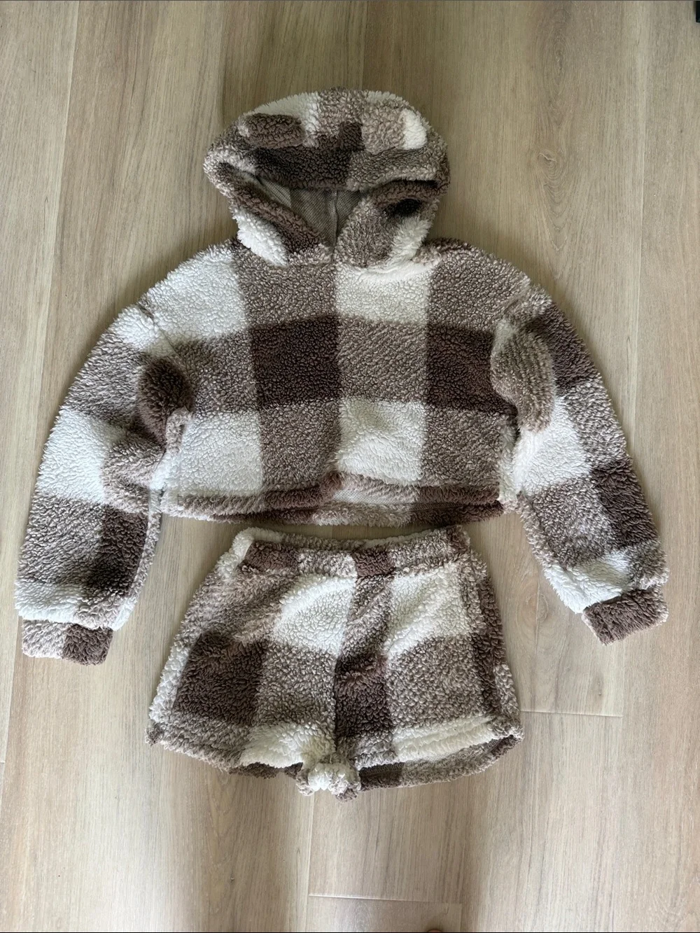 SHEIN Brown and Cream Plaid Sherpa Hoodie & Short Set - Kids